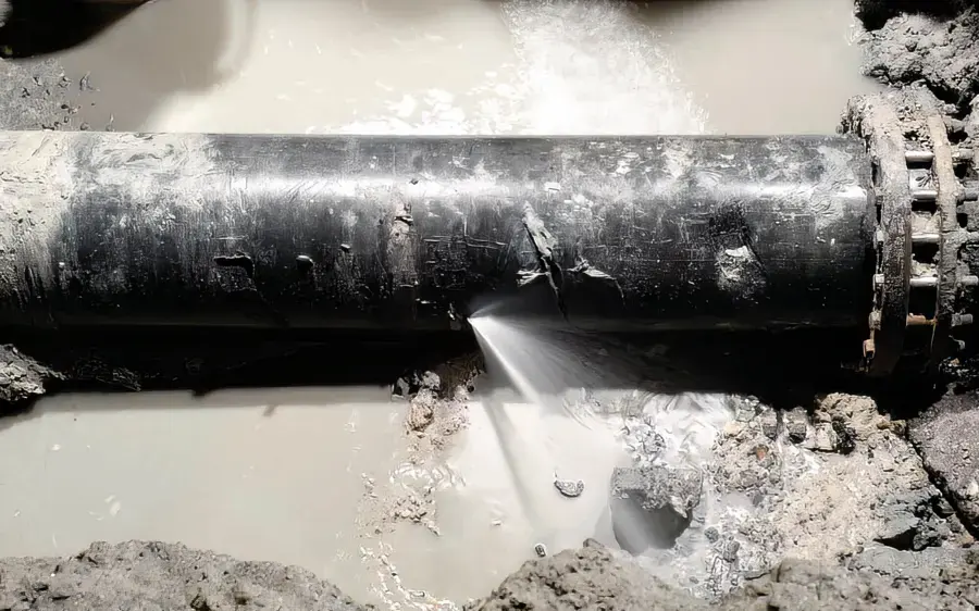 Split pipe spraying water under pressure in Pico Rivera, CA