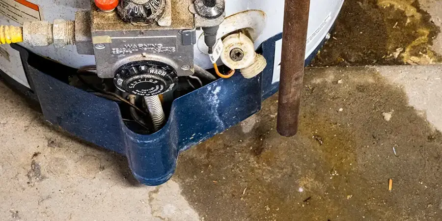 Water leaking from the base of a gas water heater onto the floor in Pico Rivera, CA